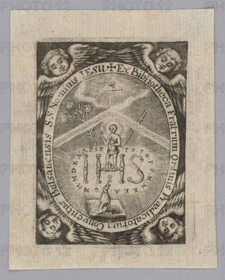 Graphic artist; angel heads; allegorical-symbolic bookplate; religious bookplate; lilies; Eye of Providence (iconographic); dogs; swords (weapons); IHS monogram; Dominicans (order); monastic libraries; bookplate; Catholic Church (institution); oval; religious orders; 2nd half of the 18th century; graphic print; height 9.1 cm; width 7.2 cm WQXBCFS