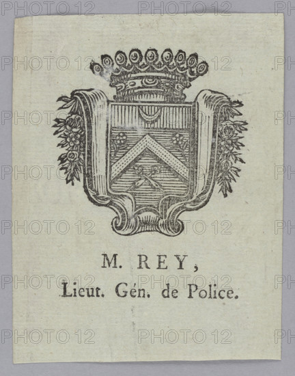 M. Rey bookplate with flowers and plant ornaments, heraldic-text bookplate featuring coat of arms cartouches and rank crowns; heraldry, coats of arms; French officials' private library bookplate; 2nd half 18th–1st half 19th century; graphic print; height 10.2 cm, width 7.9 cm.