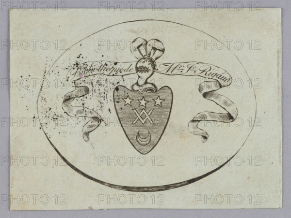 Bookplate of the Rigaud family; heraldic bookplate with coat of arms featuring stars, heraldic helmets, bands, in an oval. French, late 18th–first half 19th century. Graphic print; height 6.4 cm, width 8.6 cm.