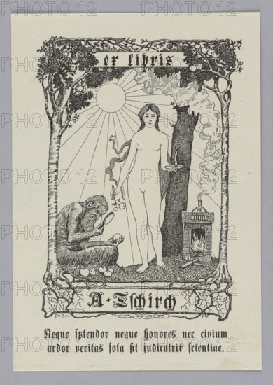 Two figures in a landscape: in the center, a standing nude woman with flowing hair (Veritas) holding a branch of apples in her left hand, and in her right, a vessel into which resin flows from a cut tree trunk. On the left, a seated, hunched old man (a forest sprite/wildman) examines an apple through a magnifying glass. On the right background, a tree and a fireplace with a bottle emitting smoke. A simplified sun with rays appears on the right. Composition framed by stylized apple trees. The central figure represents the genius of truth; she offers fruit to the wildman and collects oleo-resin in a dish from a wounded tree; a chemical furnace stands by the tree. Symbols allude to anatomical study of fruits and seeds. Inscription (not shown here): 'Xeque splendor, neque houores, nee ardor civium, Veritas sola sit judicatrix scientiae.' Maker: Balmer, Alois (1866–1933) after Widmann, Fritz (1869–1937); dated 1898. Medium: typographic print (bookplate). Dimensions: height 13.5 cm, width 9....
