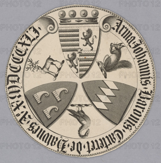 Bookplate in the form of an oval. Three coats of arms arranged concentrically, with animals (a fantastic bird, a deer, and a squirrel) between the coats of arms. Inscription on the rim. Arma Johannis Baronis Carteret de Hawnes; heraldic animals; heraldry; coats of arms; rank crowns; tondos. Maker: graphic artist; Thynne, John (1772–1849) - bookplate. Date: 1841. Medium: print, graphic print. Diameter: 6.7 cm.