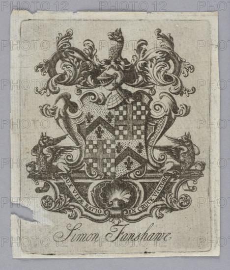 Simon Fanshawe: Dux Vitae Ratio in Cruce Victoria, graphic artist; heraldic animals; heraldic-text bookplates; shells; heraldry; ornaments; lilies; heraldic helmets; birds; cartouche ornaments; acanthus (ornament); chessboards; libraries (book collections); private libraries; coats of arms; Latin inscriptions. In the centre of the composition a coat of arms cartouche on a pedestal; a coat of arms divided into 4 fields; the coat of arms enclosed in a cartouche-roll ornament. The crown features a heraldic helmet, a turban, and a bird's head, flanked by lush acanthus leaves. The base features a shell, a ribbon with a motto, and ornaments, as well as two seated griffins facing the coat of arms. Below, an inscription, graphic, bookplate, graphic print.