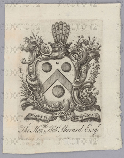 Coat of arms shield in a rocaille cartouche decorated with flowers; in the finial a rank crown and feathers; under the shield a ribbon with an inscription; below an inscription. Heraldic bookplate for The Hon.ble Rob.t Scherard Esq.r. Graphic print, rocaille ornament, garlands and plant ornaments, fleurs, rank crown and feathers, Latin inscriptions.