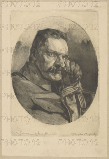 Portrait of Józef Pilsudski; artists: Jan Wojnarski (1879–1937), Jan Kanty Gumowski (1883–1946); subject: Józef Pilsudski (1867–1935), Polish Legions (1914–1918), Polish army; themes/keywords: portraits, male portraits, sabres, busts, iconography of Pilsudski, World War I (1914–1918), Polish graphic art; date: 1919; place: Kraków; medium/style: graphic art/graphic print; dimensions: 24.7 × 17.2 cm and 30.1 × 20.3 cm.
