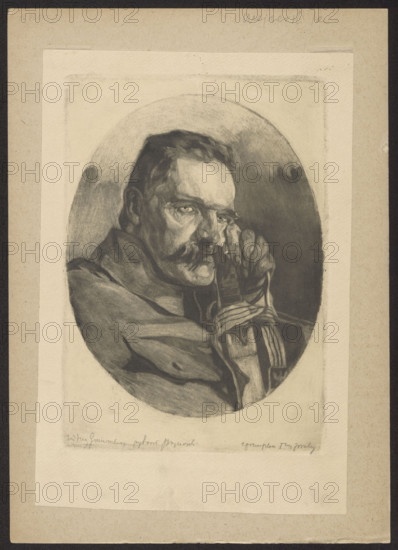 Portrait of Józef Pilsudski; makers: Jan Wojnarski (1879–1937), graphic artist, and Jan Kanty Gumowski (1883–1946), graphic artist. Subject: Józef Pilsudski (1867–1935), leader of the Polish Legions (1914–1918); depiction includes sabres, bust-like composition, male portrait; relates to World War I and the Polish army. Medium: graphic print, Polish graphic art. Date: 1919, Kraków. Dimensions: 24.7 × 17.2 cm; 30.1 × 20.3 cm.