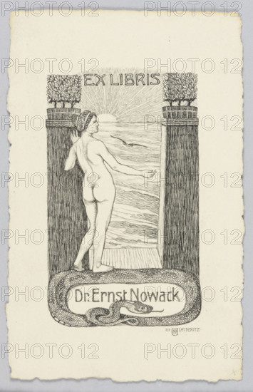Ex Libris Dr. Ernst Nowack; Woldemar (1878–1915), graphic artist; Nowack, Ernst (fl. ca. 1910) — bookplate; female nudes; allegories; snakes; birds; allegorical-symbolic bookplates; private libraries; Sun; Eve (Bible); nudes; light; German; sunrises; German graphic art; sunsets; sea (symbol.); before 1915; graphic art; graphic print; bookplate