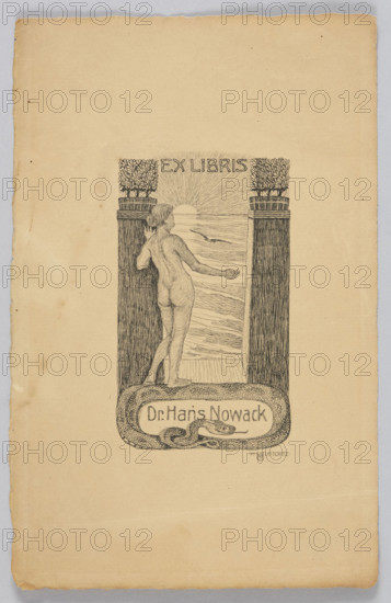 Ex Libris Dr. Hans Nowack; Woldemar (1878–1915), graphic artist; bookplate depicting Eve (Bible) and a female nude; allegorical-symbolic style featuring sun, light, sea (symbol), birds, snakes; themes: nudes, allegories, libraries (book collections); German graphic art, graphic print; dated before 1915; maker: Nowack, Ernst (fl. ca. 1910) noted for bookplates.