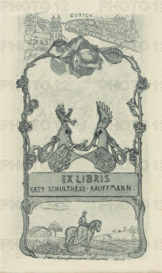Ex libris of Kaeta Schultess-Kauffmann; artist: Kauffmann, Jean (1866–1924). Heraldic-text bookplate (1909), graphic print, Lucerne. Description: at the top a view of Zurich; in the middle two coats of arms with heraldic helmets and heraldic animals; below a horsewoman (amazon) on horseback amid trees, plant ornaments, roses, rural buildings and towers; landscape/cityscape elements, fields. Materials/format: bookplate, height 9.6 cm, width 5.8 cm. Subjects/styles: amazons, women, horses/riders, heraldry, coats of arms, marriage bookplate, city views, Swiss graphics.