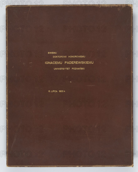 Leather binding of the portfolio 'Impressions from Pomerania' with a dedication to Ignacy Jan Paderewski. Polish graphics. Maker: Leon Wyczólkowski (1852–1936). Title and date: Impressions from Pomerania, 1931 (Poznan). Graphic portfolio; bookbinding. Materials/format: leather binding. Dimensions: height 69.9 cm, width 54.4 cm, thickness 4 cm.