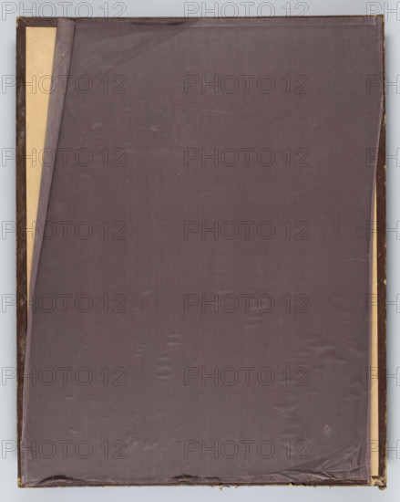 Leather binding of the portfolio 'Impressions from Pomerania' with a dedication to Ignacy Jan Paderewski. Polish graphics; Paderewski, Ignacy Jan (1860–1941). Graphic portfolio 'Impressions from Pomerania' (Poznan 1931), 1931. By Wyczólkowski, Leon (1852–1936). Graphic portfolio, bookbinding. Dimensions: height 69.9 cm, width 54.4 cm, thickness 4 cm., A rectangular object fills the frame with a large sheet of dark brownish-purple fabric stretched across its surface, showing several creases and slight wrinkles; a narrow border of darker brown material runs along the left and right edges with worn, lighter spots; a few thin strips of pale beige material are visible where the fabric is turned back at the top left and along the right edge; the background surrounding the rectangle is a pale gray.