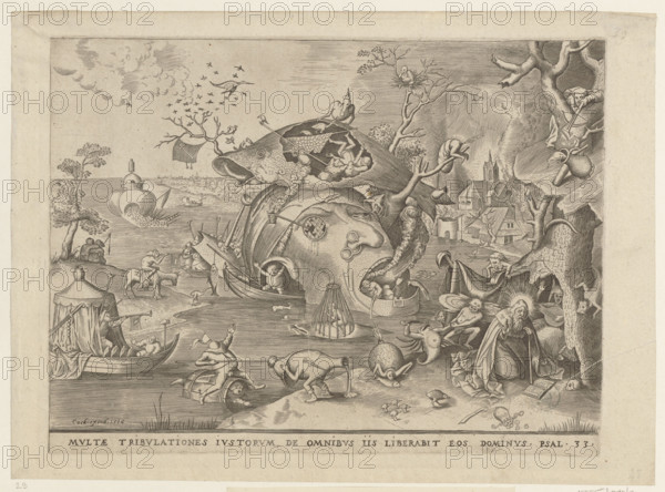 The Temptation of St. Anthony. with a pseudonym at the bottom, St. Anthony praying on his knees, the Holy Bible open on the ground before him; Heyden, Pieter van der (ca. 1530–post 1584), graphic artist; Cock, Hieronymus (ca. 1510–1570), publisher; Bruegel, Pieter I (ca. 1525–1569), graphic artist; fantastic creatures, fish; 1556, Antwerp; graphic print.