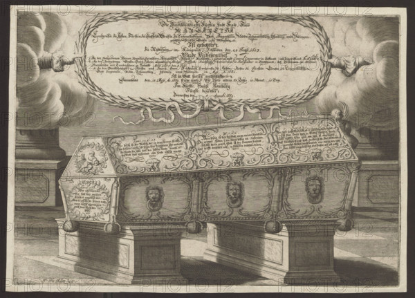 Sarcophagus of Margareta Brahe, Duchess of Hesse-Homburg. Engraver: Johann Philipp Thelott (1638–1671). Subject: coffins; depiction of Margareta Abrahamsdotter Brahe (Duchess of Hesse-Homburg; 1603–1669). After 1669. Print; height 32 cm, width 45.2 cm., A detailed monochrome engraving shows an ornate stone sarcophagus elevated on a group of plinths, with carved lion head rings along its sides and decorative scrollwork on the lid and panels; the lid is angled and bears carved decorative motifs and a few relief medallions, and a group of braided wreaths and flowing ribbons hangs above it held by a pair of hands emerging from clouds at the left and right, while heavy cloud forms fill the upper corners. The scene includes architectural elements such as fluted pilasters and stepped bases framing the background, a patterned floor beneath the plinths, and a small cherub relief on one end of the sarcophagus; the image is rendered in shades of black, gray, and off-white.