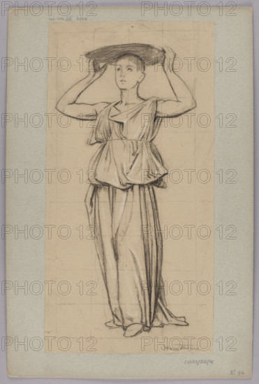 Study of a Woman Carrying a Basket of Flowers on Her Head, Hans Thoma (1839–1924), draughtsman, ca. 1890, Germany; drawing; studies of female figures; designs for wall paintings; height 42.8 cm, width 21.7 cm.