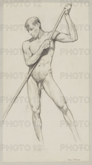 Nude — man leaning on a stick; Hans Thoma (1839–1924), draughtsman; ca. 1890, Germany; drawing; height 46.5 cm, width 25.6 cm; male figure study, male nude.
