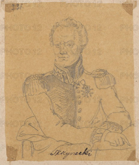 General Jan Zygmunt Skrzynecki, copy from the graphic in Roman Soltyk, Polen und seine Helden im letzten Freiheitskampfe (1834); draughtsman: Wladyslaw Czachórski (1850–1911); publisher: Carl Joseph Meyer (1796–1856). Drawing in an album, after 1870, Munich. Subject: Jan Zygmunt Skrzynecki (1787–1860); Napoleonic Wars; November Uprising (1830–1831); Polish soldiers and costume studies; monument studies; pattern-book style; iconography.
