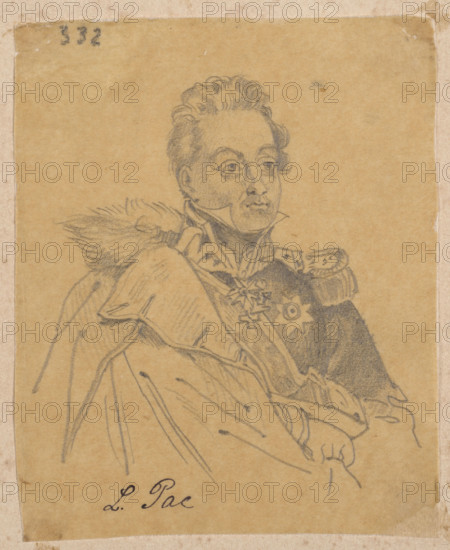 General Ludwik Michal Pac, drawing after 1870 by Wladyslaw Czachórski (draughtsman), ink and wash on paper, height 7.4 cm, width 6.0 cm. Subject: portrait study/iconography of Ludwik Michal Pac (1778–1835); historical costume study; publisher Carl Joseph Meyer (Hildburghausen) noted (1796–1856). Historical date: 19th century.