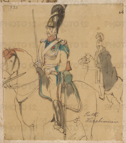 Soldier of the Carabinieri regiment, color lithographic print in the album 'Polish Army. Collection of all types of Polish army in 1831'; illustrator Wladyslaw Czachórski (1850–1911); lithographic workshop of Karol Antoni Simon (Poznan; active 1819–1841), publisher; illustrator Teofil Mielcarzewicz (1807–1879); albums, prints, Polish drawings, pattern books, historical monuments, carabinieri, Polish soldiers, costume studies; after 1870; Munich; drawing in an album; drawing, watercolor; height 12.1 cm, width 10.6 cm.