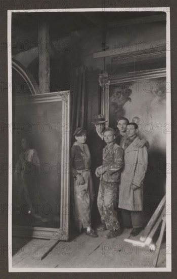 Vilnius. 'Restoration of Cathedral Paintings - J. Hoppen with Assistants', photographer: Zdanowscy, Edmund and Boleslawa; subject: Hoppen, Jerzy (1891–1969) restoring Vilnius cathedral paintings, before 1939; medium: photograph, photographic print (height 13.4 cm, width 8.3 cm); album page (height 16.4 cm, width 24.5 cm).
