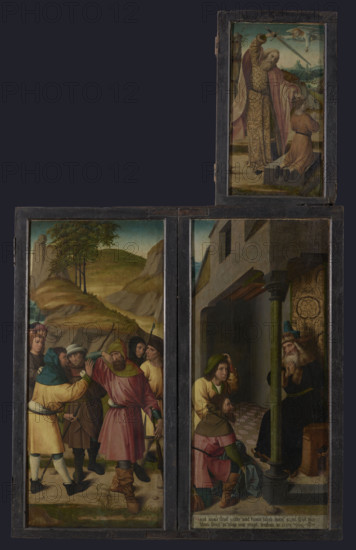 Crucifixion Polyptych - lower left wing, left panel - obverse: The Kiss of Judas (the capture); reverse: Ruben with his brothers. The Kiss of Judas: The scene takes place against a landscape with two rocky hills. Foreground events concentrate around the central group of Christ and Judas embracing. To the left, Saint Peter holds a sword and grabs a soldier by the nose; Malchus sits on the ground with a bleeding ear and is healed by Christ touching him with an outstretched hand. Reverse: Ruben with his brothers: In the foreground three men in shepherd's garb—short robes and hoods or hats—carry staffs. The man on the right, Reuben, wipes tears with his right hand, looking at his brother on the left; the central brother watches Reuben. Behind them, merchants lead Joseph, emerging from behind rocks. Background shows a hilly landscape with three trees. The brothers present Jacob with Joseph's bloody clothes: Old Jacob sits in the open porch of the house; two sons stand before him, one kneeli...