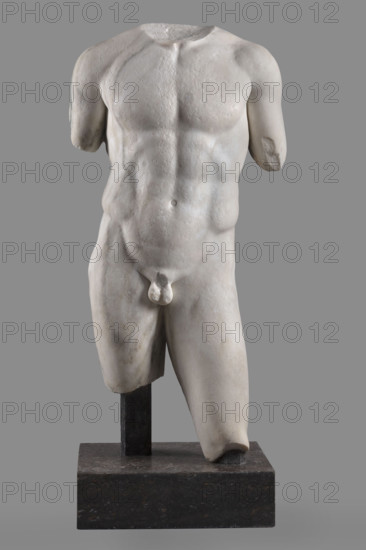 Torso of a Man in the Type of Apollo Omphalos, Roman workshop, restitution, Apollo (mythology), Greek deities, Roman sculpture, Torso of a Nude Man Composed According to the Principle of Contrapposto. Weight of the Body on the Right Leg. Muscular Torso, Polykleitos Type, early 1st century (dating before the 2019 revision: 1st century AD), Roman Empire (27 BC–476), sculpture, height 88 cm, width 42.5 cm, depth 22 cm, weight 141 kg