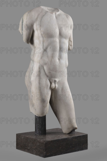 Torso of a Man in the Type of Apollo Omphalos, Roman workshop; restitution; Apollo (mythology); Greek deity; Roman sculpture; Torso of a Nude Man Composed According to the Principle of Contrapposto. Weight of the Body on the Right Leg. Muscular Torso, Polykleitos Type; early 1st century (dating before the 2019 revision: 1st century AD); Roman Empire (27 BC–476); sculpture; height 88 cm; width 42.5 cm; depth 22 cm; weight 141 kg