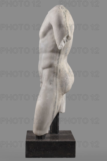 Torso of a Man in the Type of Apollo Omphalos, Roman workshop, restitution, Apollo (mythology), Greek deities, Roman sculpture, Torso of a Nude Man Composed According to the Principle of Contrapposto. Weight of the Body on the Right Leg. Muscular Torso, Polykleitos Type, early 1st century (dating before the 2019 revision: 1st century AD), Roman Empire (27 BC–476), sculpture, height 88 cm, width 42.5 cm, depth 22 cm, weight 141 kg
