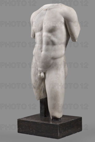 Torso of a Man in the Type of Apollo Omphalos, Roman workshop, restitution, Apollo (mythology), Greek deities, Roman sculpture, Torso of a Nude Man Composed According to the Principle of Contrapposto. Weight of the Body on the Right Leg. Muscular Torso, Polykleitos Type, early 1st century (dating before the 2019 revision: 1st century AD), Roman Empire (27 BC–476), sculpture, height 88 cm, width 42.5 cm, depth 22 cm, weight 141 kg