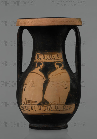 Red-figure pelike, Attic workshop; pelike (vessel), antique vessel of pink clay. Slightly matte black engobe; some elements painted white. Pelike with a slender belly, wide neck widening upwards; rim rolled outward and decorated with a frieze of ox-eyes. Two bipartite handles attached vertically below the rim, extending to the gently sloping shoulders. On either side of the body, two scenes bounded at top and bottom by an ox-eyes frieze. Kerch style. Scene A: Woman's head turned right, wearing a Phrygian cap whose edge is marked with a black line with elongated points; face and neck painted white. In the background on the right, a horse protoma; on the left, the front part of a griffin. Scene B: Two male figures facing each other, wrapped in long cloaks, facial features unmarked. Preservation: partially reconstructed rim. 2nd half of the 4th century BC, Attica. Dimensions: height 29.9 cm, width 13.1 cm.