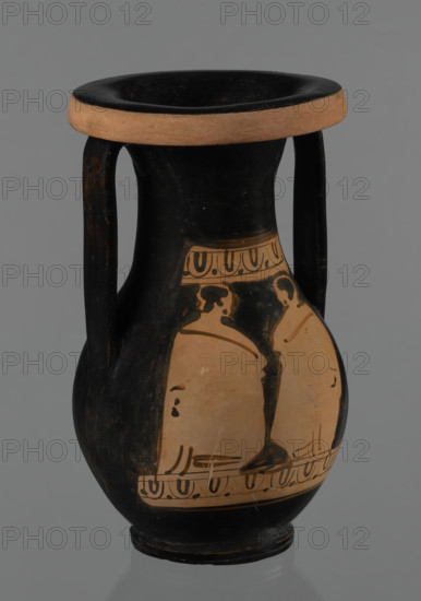 Red-figure pelike, Attic workshop, pelike (vessel), antique vessel, pink clay. Slightly matte black engobe. Some elements painted white. Pelike with a slender belly. Wide neck, widening upwards. The rim is rolled outward and decorated with a frieze (ox-eyes). Two bipartite handles are attached vertically below the rim, extending to the gently sloping shoulders. On either side of the body, two scenes are bounded at the top and bottom by a frieze of the ox-eyes type. Kerch style. Scene A: A woman's head turned to the right, wearing a Phrygian cap whose edge is marked with a black line with elongated points. The face and neck are painted white. In the background on the right, a horse protoma is visible, and on the left, the front part of a griffin. Scene B: Two male figures facing each other, wrapped in long cloaks. Facial features unmarked. Preservation status: partially reconstructed rim. 2nd half of the 4th century BC, Attica. Height 29.9 cm, width 13.1 cm.