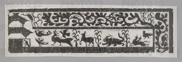 Mythical animals; graphic artist Witold Jablonski (1901–1957); Chinese art; Chinese Han dynasty (202 BC–9; 25–220); graphic prints; mythologies; fantasy beasts; birds; plants and plant ornament; early 20th century; graphic print; height 42.0 cm, width 136.5 cm