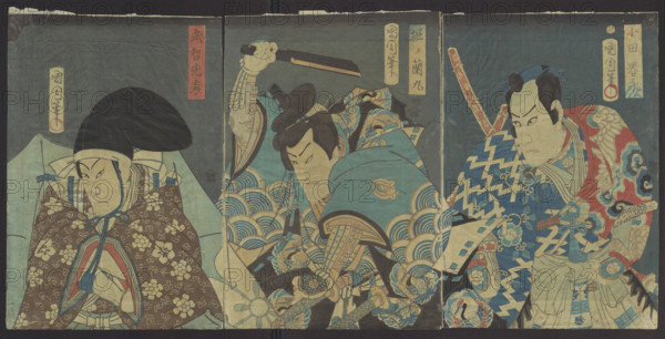 Actor Kawarazaki Gonjûrô I as Oda Harunaga ??????(??)??????, Toyohara Kunichika (1835–1900), graphic artist; Iseya Rihei (Kinjudô; publisher), ca. 1790–1879 (fl.), Japanese ukiyo-e woodblock print, oban format, yakusha-e (actor print), kabuki theater subject; Keio period (1865–1868), 1866 (Keiô 2, 10th month, year of the tiger). Triptych print depicting an actor in a kimono with cranes on a blue and red background; includes aratame seal and other seals. Dimensions: height 34.3 cm, width 23.5 cm. Japan, Edo.