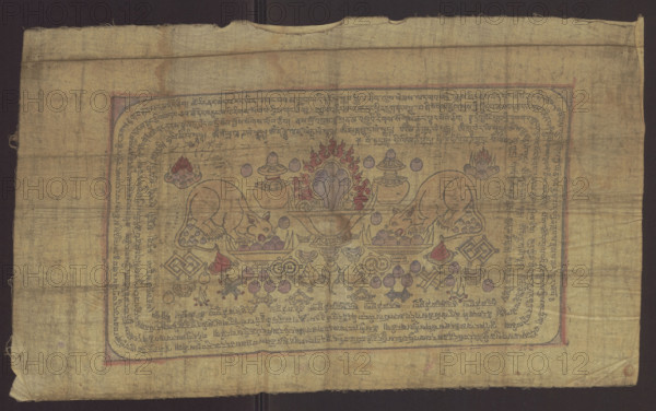 Banner with depictions of various offerings in honor of one of the 84 mahasiddhas, Manibhadra; Tibetan Buddhist art; Tibetan, Mongolian; inscriptions; vajras, shells, gems, offerings; graphic; 1st half of the 20th century; Mongolia; height 32.0 cm, width 54.0 cm, A horizontal rectangular cloth with a worn beige background contains a central framed panel outlined in faded red and dark lines, filled with dense dark script around its border. Inside the panel, a symmetrical arrangement of decorative objects and stylized animals is depicted, including a central ornate bowl or vessel with flame-like red and purple elements, flanked by a few smaller vessels in muted gold and purple tones. Two mirror-image reclining animals in pale beige with darker outlines and red accents face inward toward trays of round purple and red objects. Scattered around the central composition are several smaller ornament-like shapes in purple, red, and gold, plus a few cloud- or floral-shaped motifs in gray and blu...