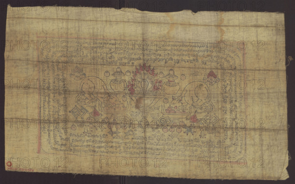 Banner depicting various offerings in honor of the mahasiddha Manibhadra; Tibetan Buddhist art (Tibetan, Mongolian), 1st half of the 20th century. Graphic banner with inscriptions, vajras, shells, gems, and other offerings. Dimensions: height 32.0 cm, width 54.0 cm., A rectangular piece of aged fabric with a faded beige background and darker brown horizontal creases fills the image, bordered by a slim red rectangular frame and surrounded by a darker backdrop. In the central area a symmetrical ink drawing shows two stylized animal figures facing inward toward a central ornate vessel topped with flame-like shapes, with small rounded objects and lidded containers arranged around and between them. The animals and objects are drawn in dark ink with touches of muted red on some decorative elements and the central flames, and there are fine lines of decorative script forming concentric bands near the inner edges of the red frame. The fabric surface shows irregular wear, small frayed edges, an...