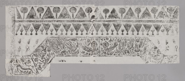 Apsaras among flowers; graphic print by Antonina Obrebska-Jablonska (1901–1994) and Witold Jablonski (1901–1957); decoration of the top of a rock niche; early 20th century, China; Chinese art; subjects: Chinese Buddhism, Buddhist art, goddesses (apsaras), dragons, lotuses, geometric ornament; medium: graphic print; dimensions: height 55.0 cm, width 135.0 cm