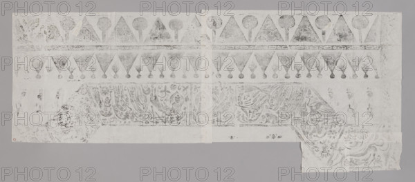 Apsaras among flowers, graphic artist Antonina Obrebska-Jablonska (1901–1994) and Witold Jablonski (1901–1957); graphic print; Chinese art; Chinese Buddhism; Buddhist art; goddesses; dragons; geometric ornament; lotuses; decoration of the top of a rock niche; early 20th century, China; height 55.0 cm, width 135.0 cm