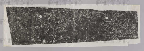 Mythical animals and a demon; graphic print by Antonina Obrebska-Jablonska (1901–1994) and Witold Jablonski (1901–1957); Chinese subject matter; hares, rabbits, dragon with a pearl; decoration of a stone sarcophagus side plate; early 20th century; graphic; height 240.0 cm, width 72.0 cm