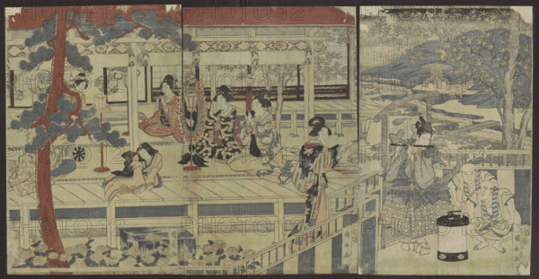 Ushiwakamaru serenading Jôruri-hime (????????), Utagawa Kuninaga (ca. 1779–1827); publisher Iwatoya Kisaburô (Eirindô; fl. ca. 1760s–1832). Japanese ukiyo-e woodcut triptych, oban format, ca. 1818–1827 (Bunsei 1–10). Subject: Ushiwakamaru serenading Jôruri-hime at night with flutes, koto, taiko drum, lanterns, musical instruments; shows fusuma (sliding doors), momiji (maple leaves), pine trees, moon, chrysanthemums. Seals present. Dimensions: height 39.2 cm, width 77.0 cm.