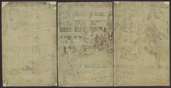 Ushiwakamaru serenading Jôruri-hime (????????), Utagawa Kuninaga (ca. 1779–1827); publisher Iwatoya Kisaburô (Eirindô; fl. ca. 1760s–1832). Japanese ukiyo-e woodcut triptych, oban format, ca. 1818–1827 (Bunsei 1–10). Subject: Ushiwakamaru serenading Jôruri-hime — flutes, koto, taiko drum, lanterns, musical instruments, music, love. Composition includes fusuma (sliding doors), momiji (maple leaves), pine trees, moon, chrysanthemums, seals; night scene; kiwame (finished/detail treatment). Dimensions: height 39.2 cm, width 77.0 cm. Edo period (1603–1868), Japanese.
