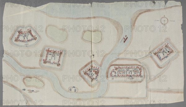 Fortification plan; graphic artist; Chinese art; Chinese; maps; fortifications (architectural); untitled map; six separate defensive structures and a settlement plan; early 20th century; China; graphic print; height 62.8 cm; width 110.0 cm WQXBCFS