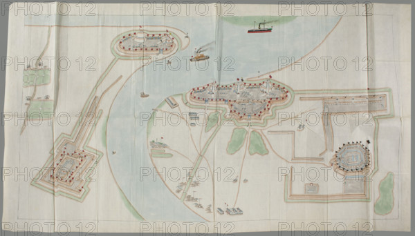 Fortification plan; graphic artist; Chinese art; Chinese maps; four fortification complexes; buildings; four tents; two steamboats on the river; early 20th century, China; graphic print; height 75.2 cm; width 140.5 cm