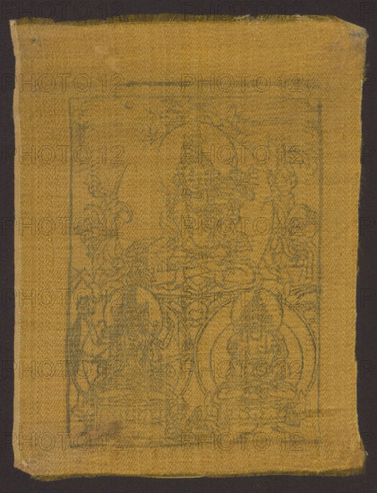 Tara and two bodhisattvas; Chinese/Tibetan Buddhist image of Tara (most likely the Green One) with two bodhisattvas; lotus throne; 19th–20th century; China/Tibet; graphic; height 22.0 cm, width 17.0 cm, A rectangular piece of woven fabric with a frayed edge displayed against a dark background, the fabric is predominantly mustard yellow with a faint, greenish linear design woven or printed across its surface depicting a symmetrical arrangement of seated figures and ornamental shapes; the design lines are muted and subtle against the yellow, and the fabric shows slight variations in texture and tone with areas of wear and faint discoloration near the top and bottom edges.