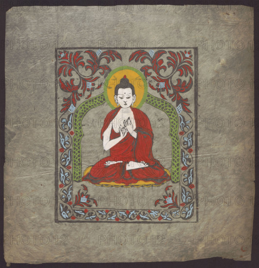 Shakyamuni Buddha; Tibetan Buddhist/Himalayan/Nepalese art; Tibetan, Himalayan; plant ornament; lotus throne; ushnisha; Buddhism. Colored woodcut depicting Shakyamuni Buddha in a frame with a plant motif; 1st half of the 20th century; Nepal; print; height 39.2 cm, width 38.0 cm, An illustration of a seated figure with pale skin and black hair tied in a topknot, wearing a red robe and sitting cross-legged on a layered cushion showing yellow and red tones, framed by an arched decorative border with green latticework and floral motifs; the figure has a yellow circular halo behind the head and is holding hands in a gesture at chest level. The surrounding rectangular frame contains ornate floral and vine designs in red, green, blue, and gray, set against a textured gray-beige background with darker outer edges.