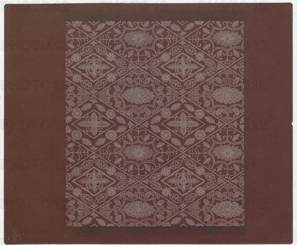 Ise katagami dyeing stencil (kôshi) with chrysanthemums and geometric patterns, Ôsugi, Ishimi (1936– ), author; chrysanthemums; geometric and plant patterns; stencils; Japanese, Showa period (1926–1989), 1980 (Showa 55); Japan; stencil; height 45.0 cm, width 53.9 cm, The image shows a square panel with a central rectangular area filled with an intricate repeating geometric and floral pattern made of small pale dots on a deep reddish-brown background; the patterned area features diamond shapes, stylized leaves, scrolls, and rosette-like motifs formed by the pale dotwork. A wider solid border of the same deep reddish-brown surrounds the patterned central area, and a narrow lighter outer edge frames the whole composition. The visible colors are deep reddish-brown and pale off-white.