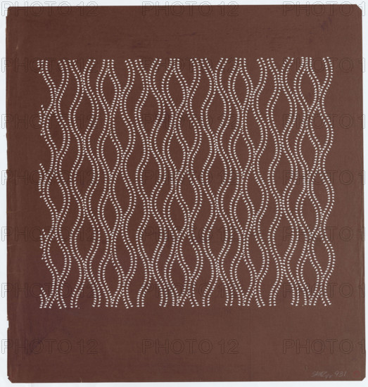 Ise katagami dyeing stencil - tatewaku with stylized wisteria flowers (fuji tatewaku), Ôsugi, Ishimi (1936- ), author, wisterias, flowers, geometric and plant patterns, stencils, Japanese art, Japanese, Showa (1926–1989), 1980 (Showa 55), Japan, stencil, height 53.9 cm, width 50.7 cm, A flat rectangular sheet with a deep brown background featuring a centered pattern of wavy vertical lines formed by small white marks; the wavy lines create an interlocking, repeating lattice across the central area, leaving a plain brown border around the top and sides and a wider plain brown area at the bottom; the sheet has slightly worn and angled corners and subtle variations in the brown surface tone.