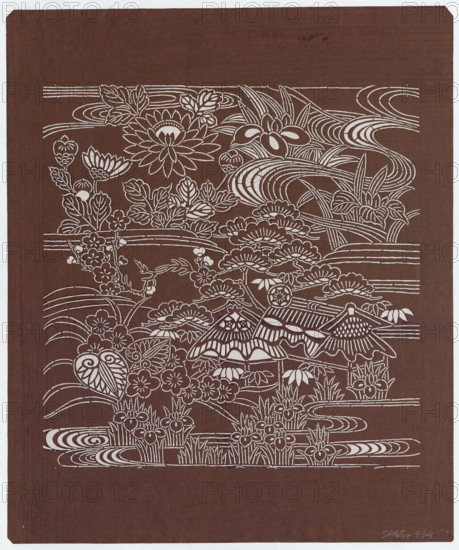 Ise katagami dyeing stencil - landscape with a house by the water, pine tree, irises, chrysanthemums and hollyhocks (ryusui minka), Osugi workshop, chrysanthemums, irises, hollyhocks, Osugi, Ishimi (1936- ), Japanese, aoi (hollyhock), Showa (1926–1989), 1950 (Showa 25), Japan, stencil, height 44.5 cm, width 53.5 cm, The image shows a decorative scene rendered in white line work on a brown background, depicting a stylized landscape filled with floral and vegetative motifs, flowing water patterns, and a group of small roofed structures; there are several large lotus-like flowers, clusters of blossoms, leafy plants, grasses, and fan-shaped foliage arranged among curving wave-like lines, with braided and scalloped roof details on the small houses and a repeating rhythm of circular and linear patterns throughout.