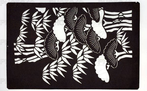 Katagami dyeing stencil; large stylized pattern with a bamboo and pine motif; maker: author; subject: bamboos and pine trees; Japanese; late 20th century; stencil; height 27.0 cm, width 41.0 cm