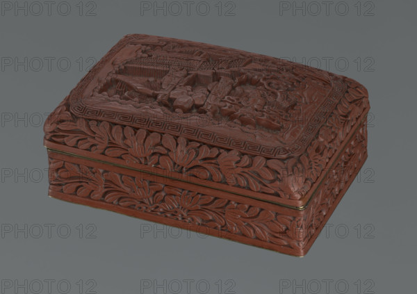 Box with a lid, Chinese art, Chinese, boxes, figurative scenes, landscape motifs, Qing (1644–1911), pines, meander (ornament), leiwen (ornament), flowers (ornament), floral (ornament), geometric (ornament), 19th/20th century, China, box, height 6.0 cm, width 9.85 cm, depth 14.2 cm
