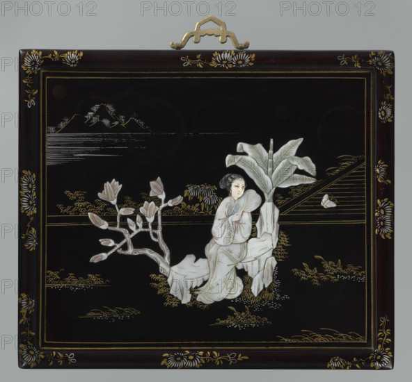 Panel; women; gardens; banana trees; magnolias; fans; Republic of China (1911–1949); butterflies; chrysanthemums; Qing (1644–1911); early 20th century, China; facing tile; height 35.5 cm; width 30.5 cm