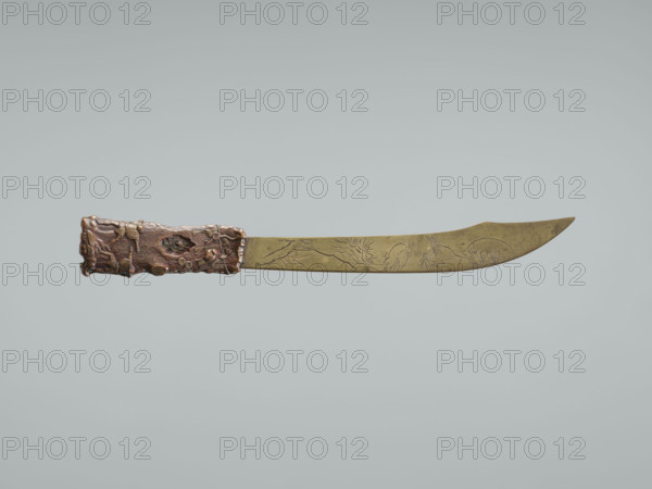 Paper knife, Japanese; cranes, pine trees, men, moon; Meiji (1868–1912), late 19th century; bronze; height 29.5 cm, width 3.5 cm.