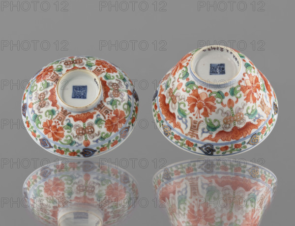 Bowl with a lid; Chinese colored porcelain; Qing dynasty (1644–1911), Qianlong period/style (1736–1795); decorated with bats, longevity shou character, lotus tendrils, lotuses, and peaches; vessel; height 9 cm, diameter 10.7 cm; 1736–1795; maker: unknown.